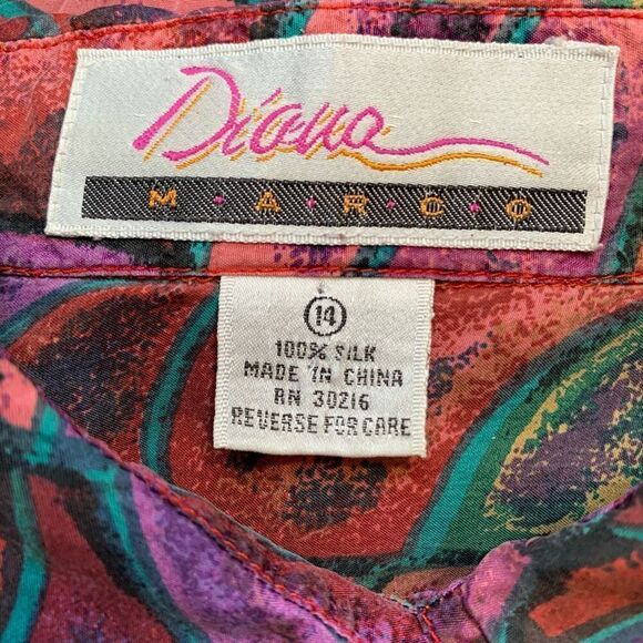 Vintage Diana Marco Shirt Abstract Print Purple Silk Button Up Long Sleeve - Picture 7 of 9